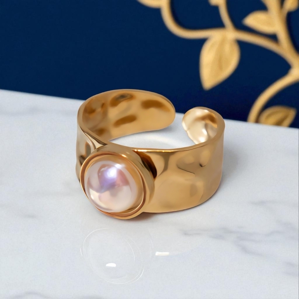 Celestial Statement Ring 18K Gold Plated Adjustable with Faux Pearl Glow - Picture 9 of 12